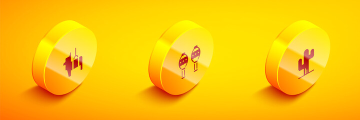 Set Isometric Pinata, Maracas and Cactus icon. Vector