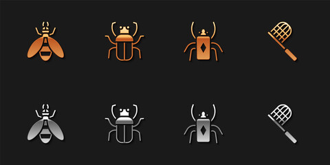 Set Bee, Stink bug, Beetle and Butterfly net icon. Vector