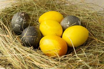 Easter composition in a nest made of natural straw. Spotted eggs colored with natural dyes. Easter eggs painted with turmeric and hibiscus.