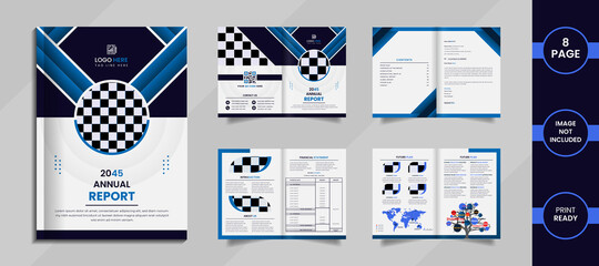 8 page corporate brochure design with deep and sky blue color creative shapes with data.