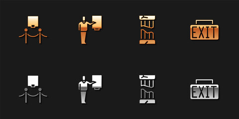 Set Picture and rope barrier, Museum guide, Broken ancient column and Exit sign icon. Vector