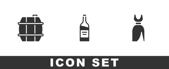 Set Barrel for wine, Bottle of and Woman dress icon. Vector