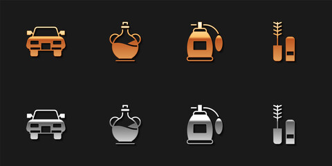 Set Car, Bottle of olive oil, Perfume and Mascara brush icon. Vector