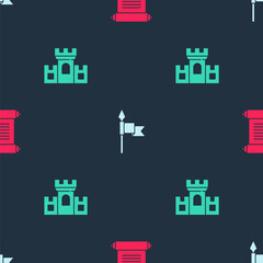 Set Decree, parchment, scroll, Medieval spear and Castle, fortress on seamless pattern. Vector
