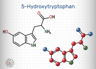 5-Hydroxytryptophan, 5-HTP, hydroxytryptophan, oxitriptan molecule. It is naturally occurring amino acid, tryptophan derivative. Sheet of paper in a cage