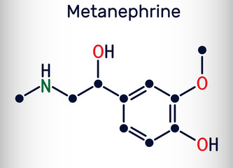 Metanephrine molecule. It is metabolite of epinephrine, adrenaline, biomarker for pheochromocytoma. Skeletal chemical formula