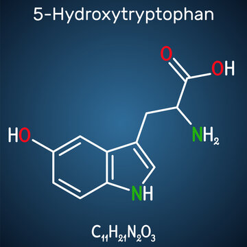 5-Hydroxytryptophan, 5-HTP, hydroxytryptophan, oxitriptan molecule. It is naturally occurring amino acid, tryptophan derivative. Structural chemical formula on the dark blue background