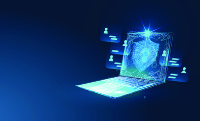 Online security concept. Cyber security, data protection, cyberattacks concept on blue background. Database security software development. Laptop protected with shield. Low poly vector illustration