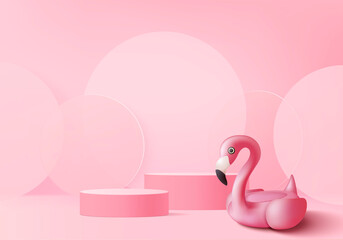 3d pink flamingo render for summer, background product display podium scene with pink geometric platform. background vector 3d render with podium. stand to show cosmetic product holiday studio - obrazy, fototapety, plakaty