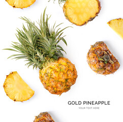 Creative layout made of pineapple on the white background. Flat lay. Food concept. Macro  concept.