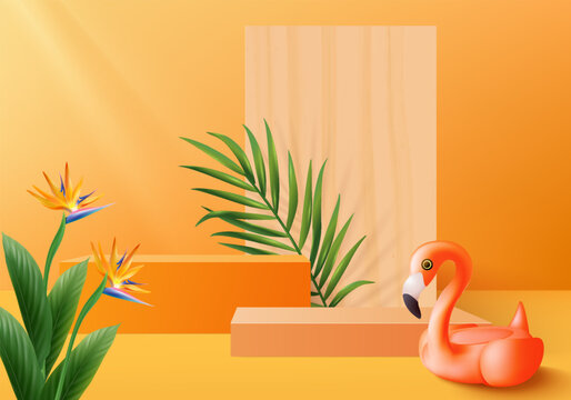 3d orange flamingo render for summer tropical. background product display podium scene with holiday tropical platform. summer background vector 3d with podium. stand for cosmetic product display