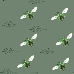 watercolor illustration seamless pattern,scarab beetle and spring of grass on green background