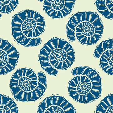 Coastal shell drawn etching seamless pattern. Marine 2 tone seashell printed background for interior textiles. and modern trendy maritime fashion. Sea life all over design vector repeat.
