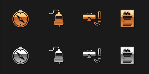 Set Compass, Ship bell, Diving mask and snorkel and Cruise ship icon. Vector