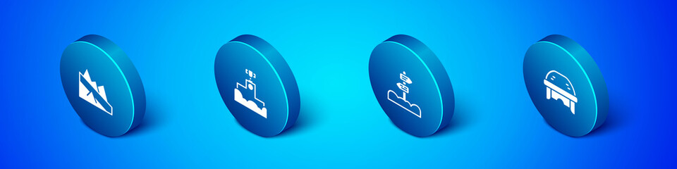 Set Isometric Mountain descent, Road traffic signpost, Hockey helmet and Award winner podium icon. Vector