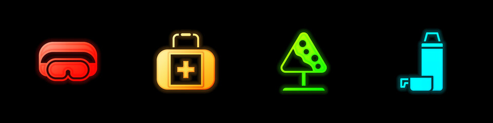Set Ski goggles, First aid kit, Road sign avalanches and Thermos container icon. Vector