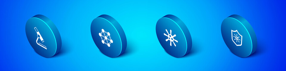 Set Isometric Microscope, Bacteria, Shield protecting from virus and Molecule icon. Vector