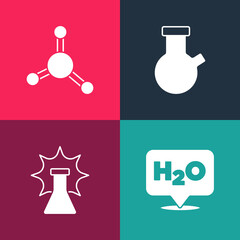 Set pop art Chemical formula for H2O, explosion, Test tube and flask and Molecule icon. Vector