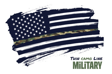 Thin camo line, Distressed american flag vector template. Symbol of  Military Personnel. Illustration for poster, card, banner.  - obrazy, fototapety, plakaty