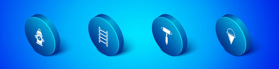 Set Isometric Fire hydrant, Firefighter axe, cone bucket and escape icon. Vector