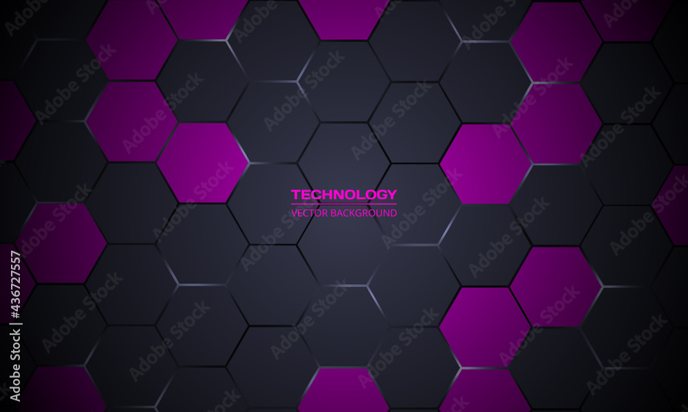 Poster Dark gray hexagonal technology abstract vector background. White bright energy flashes under hexagon in tech futuristic background vector illustration. Dark gray and purple honeycomb texture grid.