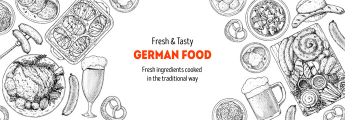 German food menu sketches. Design template. Hand drawn vector illustration. German cuisine. Black and white. Engraved style. Hand drawn food sketch illustration.