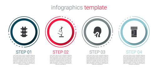 Set Human spine, Microscope, Sore throat and Medicine bottle and pills. Business infographic template. Vector
