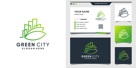 Green city logo design template and business card design. Premium Vector