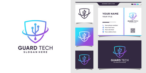 Shield logo template with creative concept and business card design. Premium Vector