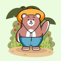 Adorable Bear On The Field Greeting Doodle Illustration