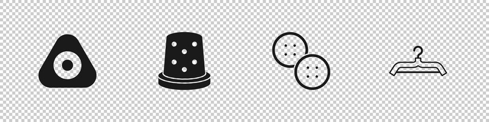 Set Sewing chalk, Thimble for sewing, button and Hanger wardrobe icon. Vector