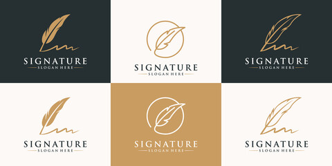 Set of golden quill signature logo design. Minimalist feather ink logo template. - obrazy, fototapety, plakaty