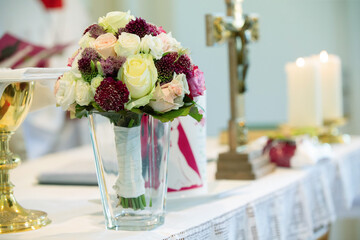 wedding bouquet in church on the altar
