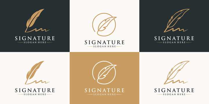 Set of golden quill signature logo design. Minimalist feather ink logo template.