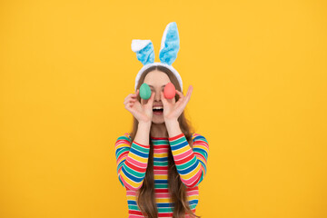 surprised bunny kid. happy easter holiday. funny child hold painted eggs. teenager girl rabbit.