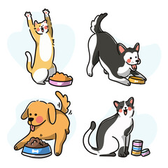 Set Of Lovely Pet Eating Doodle Illustration
