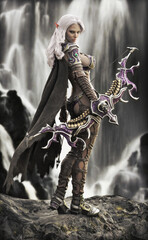 Fantasy dark elf female archer with flowing white hair ,cape and mythical armor posing with her bow standing on a rock outcrop with a magnificent waterfall background. 3d rendering - obrazy, fototapety, plakaty