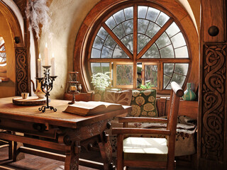 Fantasy tiny storybook style home interior cottage with rustic accents and a large round cozy window. 3d rendering  © Digital Storm