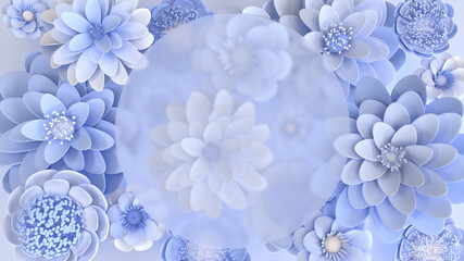 Abstract floral background. Blue and white flowers with frosted glass in the center of illustration. Blank space for text, 3d render