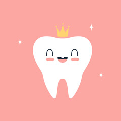 cartoon tooth in crown isolated on pink