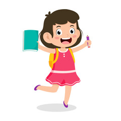 Back to school. Cute little girl kid happy smile at school on the first day of school. Children with student bags and books for learning. character vector illustration.