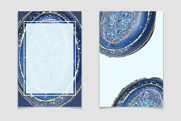 Blue crystal geode background with glitter and gold cracks. Hand drawn watercolor teal amethyst. Sparkling gemstone with gold border backdrop design for wedding invitation, decoration, card - obrazy, fototapety, plakaty