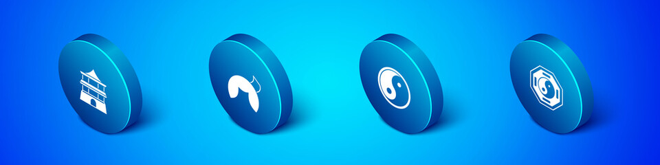 Set Isometric Chinese house, Yin Yang, and fortune cookie icon. Vector