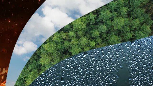 Nature four elements background. Earth, air, water and fire. Curvy collage motion background.