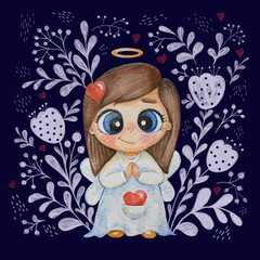 Cute little angel girl with long hair and wings in white clothes with hearts on a blue background with floral decorative pattern. Watercolor. Kids collection of hand drawing