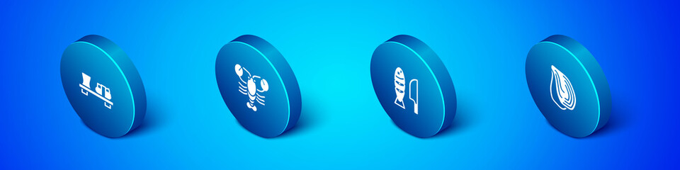 Set Isometric Sushi on cutting board, Fish with sliced pieces, Mussel and Lobster icon. Vector