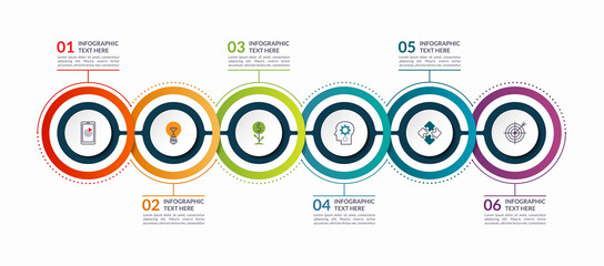 Infographic timeline template with 6 steps, options, circular elements. Can be used as a chart, diagram, graph for business infographics, presentation, annual report, brochure, web design.