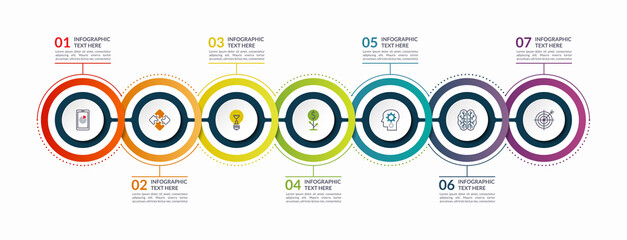 Infographic timeline template with 7 steps, options, circular elements. Can be used as a chart, diagram, graph for business infographics, presentation, annual report, brochure, web design.