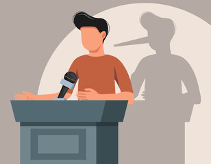 Businessman with long nose shadow on wall. Orator speaking from tribune.  Cheat, fraud, scam, hoax and crime. Public speaker. Liar, lying people in business. Flat vector illustration - obrazy, fototapety, plakaty