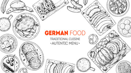 German food menu sketches. Design template. Hand drawn vector illustration. German cuisine. Black and white. Engraved style. Hand drawn food sketch illustration. - obrazy, fototapety, plakaty